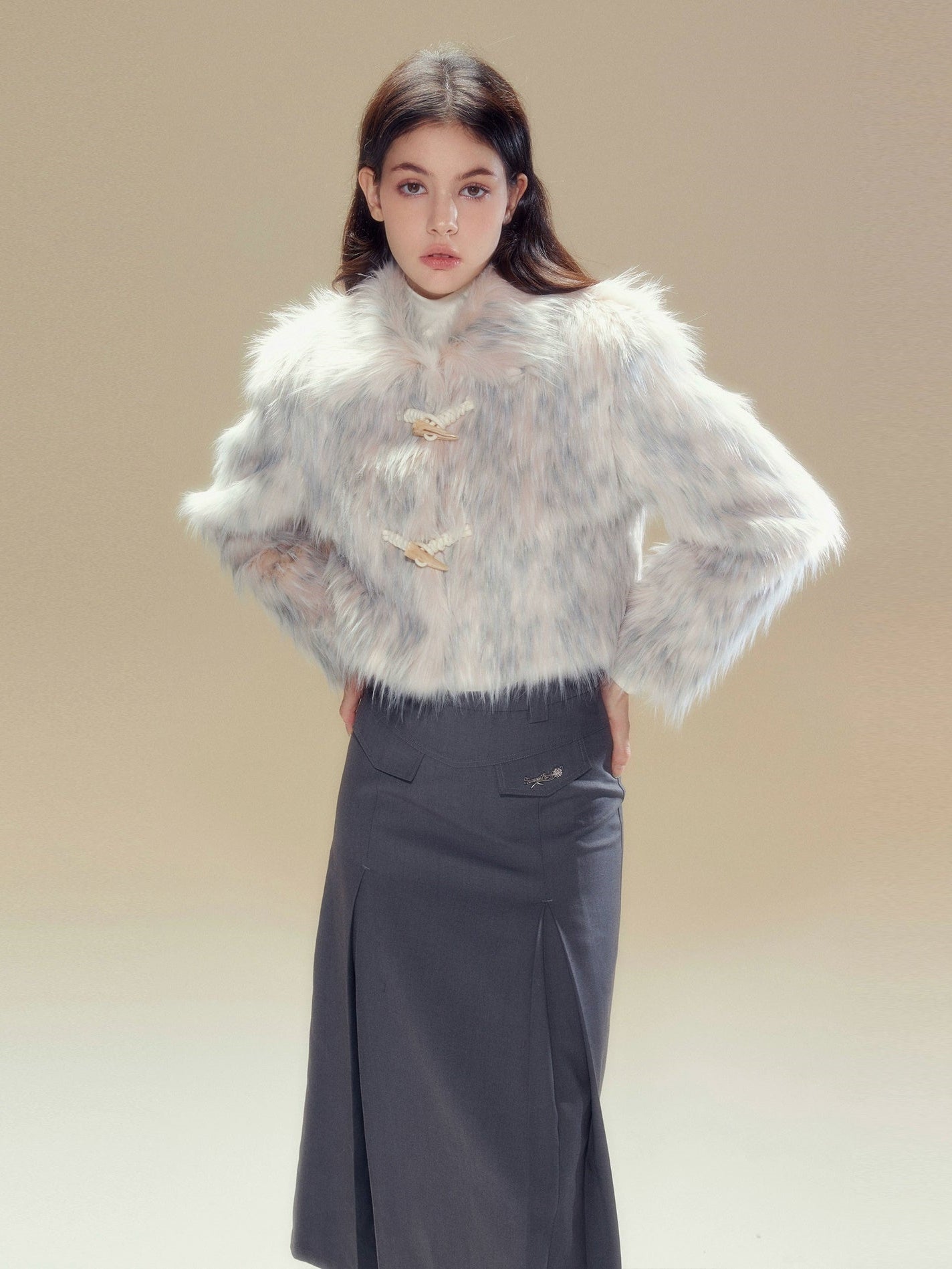 Long Hair Horn Button Friendly Fur Jacket &amp; Box Pleated Skirt