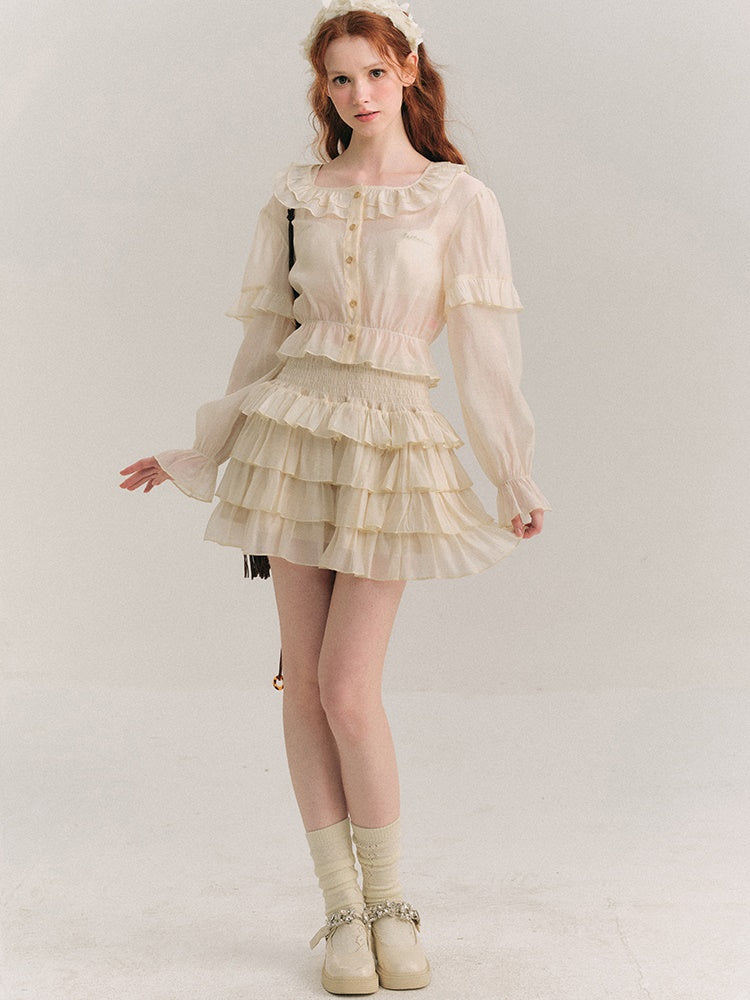 Shimmer Frill Collar Shirt ＆ Fluffy Cake Skirt