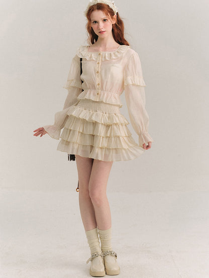 Shimmer Frill Collar Shirt ＆ Fluffy Cake Skirt