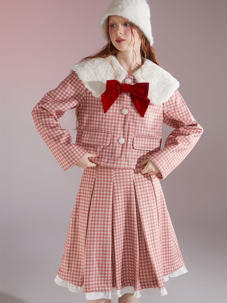 Retro Gingham Plaid Big Collar Jacket ＆ Pleated Skirt