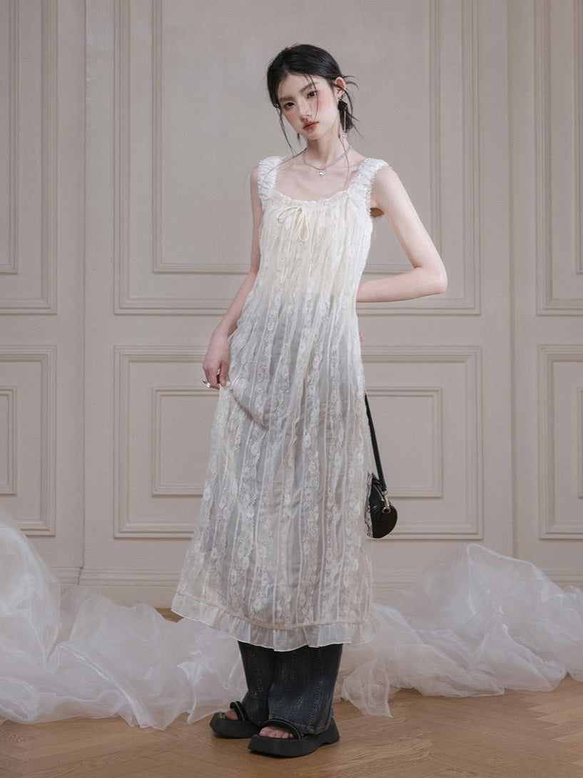 Chiffon Sleeveless Lace Long Dress