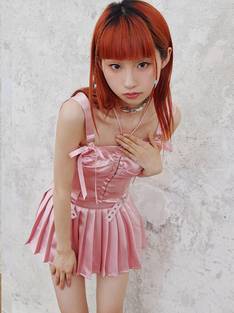 SHINY SUSPENDER TOP &amp; LOW WAIST PLEATED SKIRT