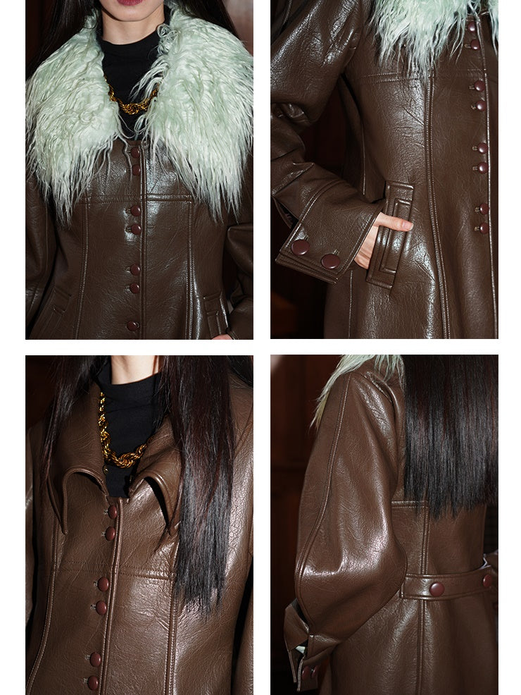 Fur Collar Slim Long Leather Coat