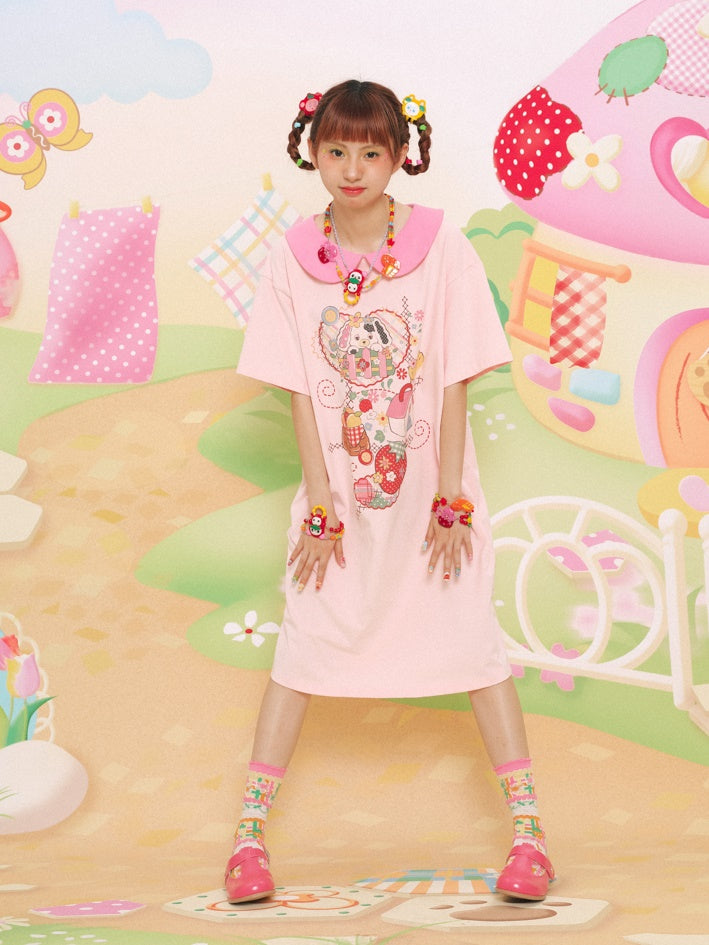 Doll Collar Printed Short-sleeved T-shirt One-piece