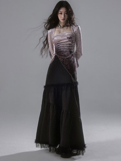 A-line Fringe Stitch Long Skirt