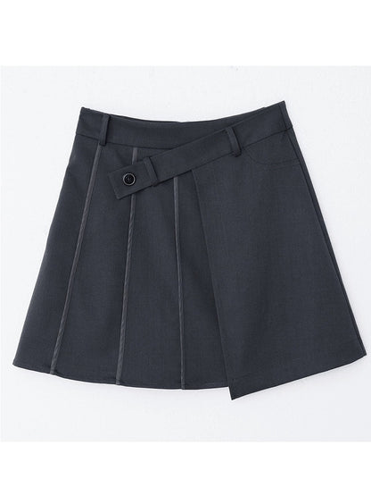 High Waist Oblique Buckle Pleated Skirt