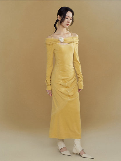 One-shoulder Long-sleeved Brushed Long Knit Dress