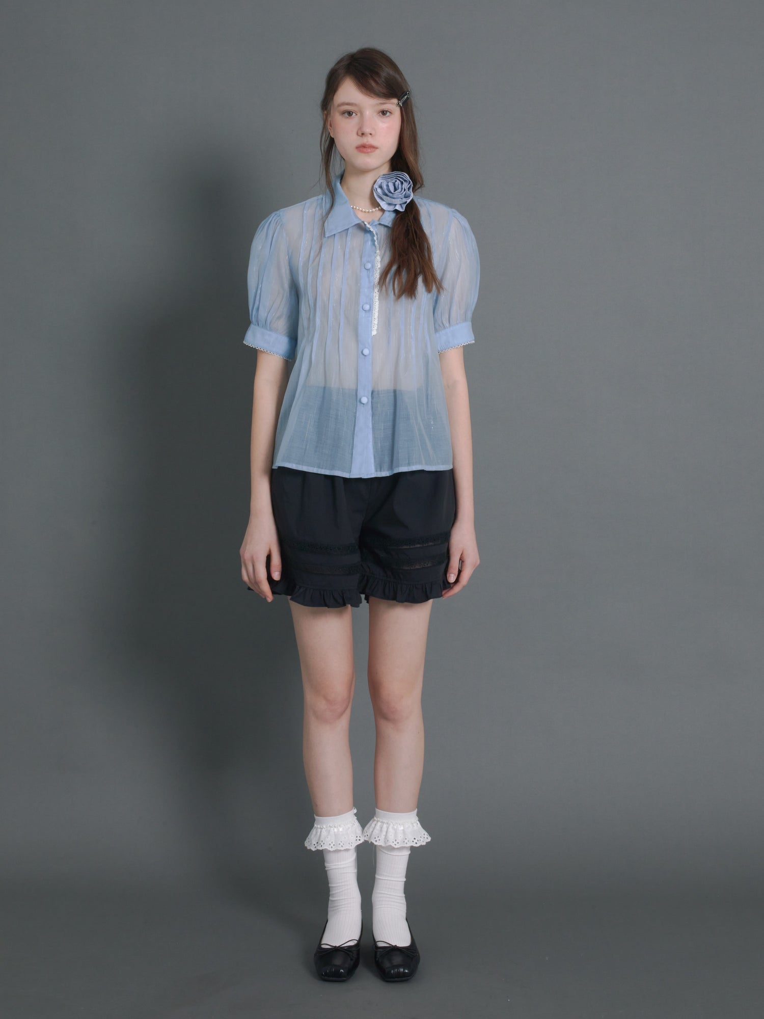 Pin Tuck Puff Sleeve Sheer Blue Shirt