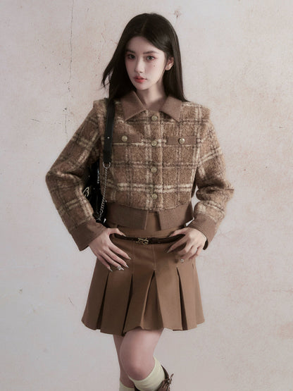 Retro Check Short Jacket &amp; Pleated Skirt