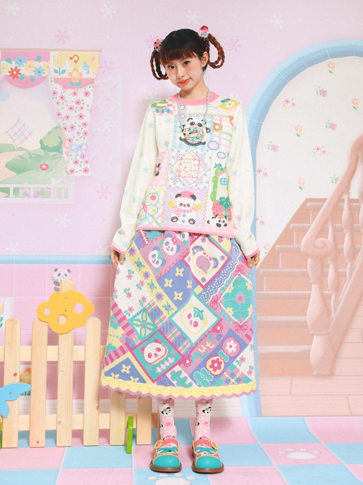 Panda Knitted Jacquard Patchwork Style Skirt