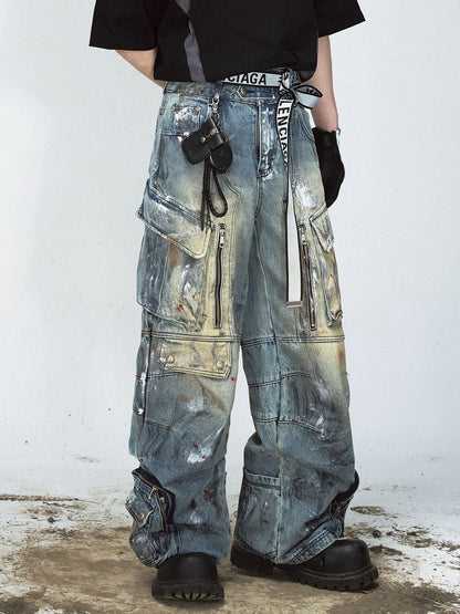 Graffiti Multi-Pocket Wide-Leg Jeans