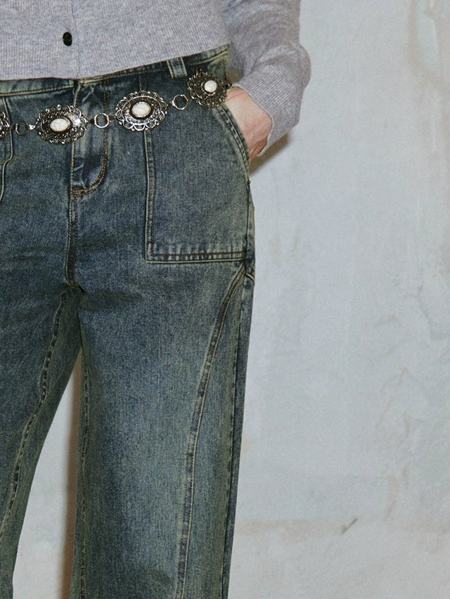 Retro Washed Design Straight Jeans