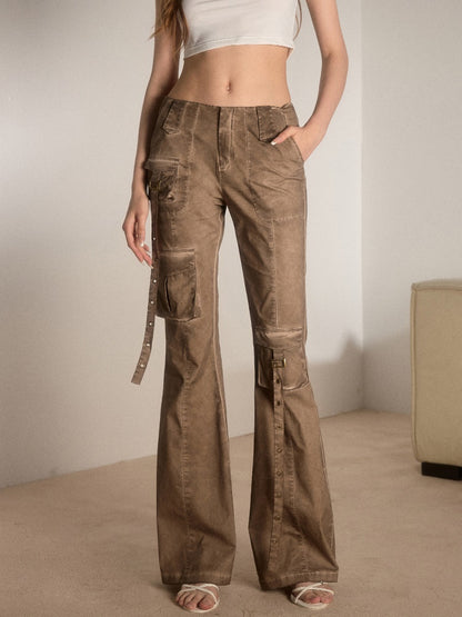 Slender Washed Retro Design Flare Pants