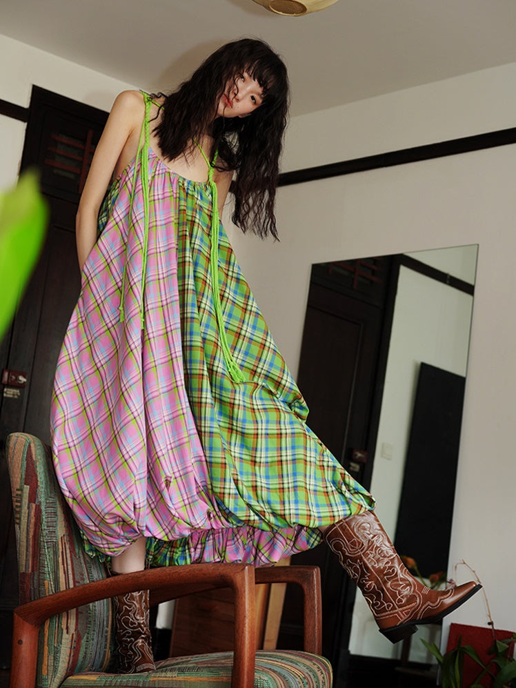 Plaid Stitching Braided Rope Loose Sling Dress