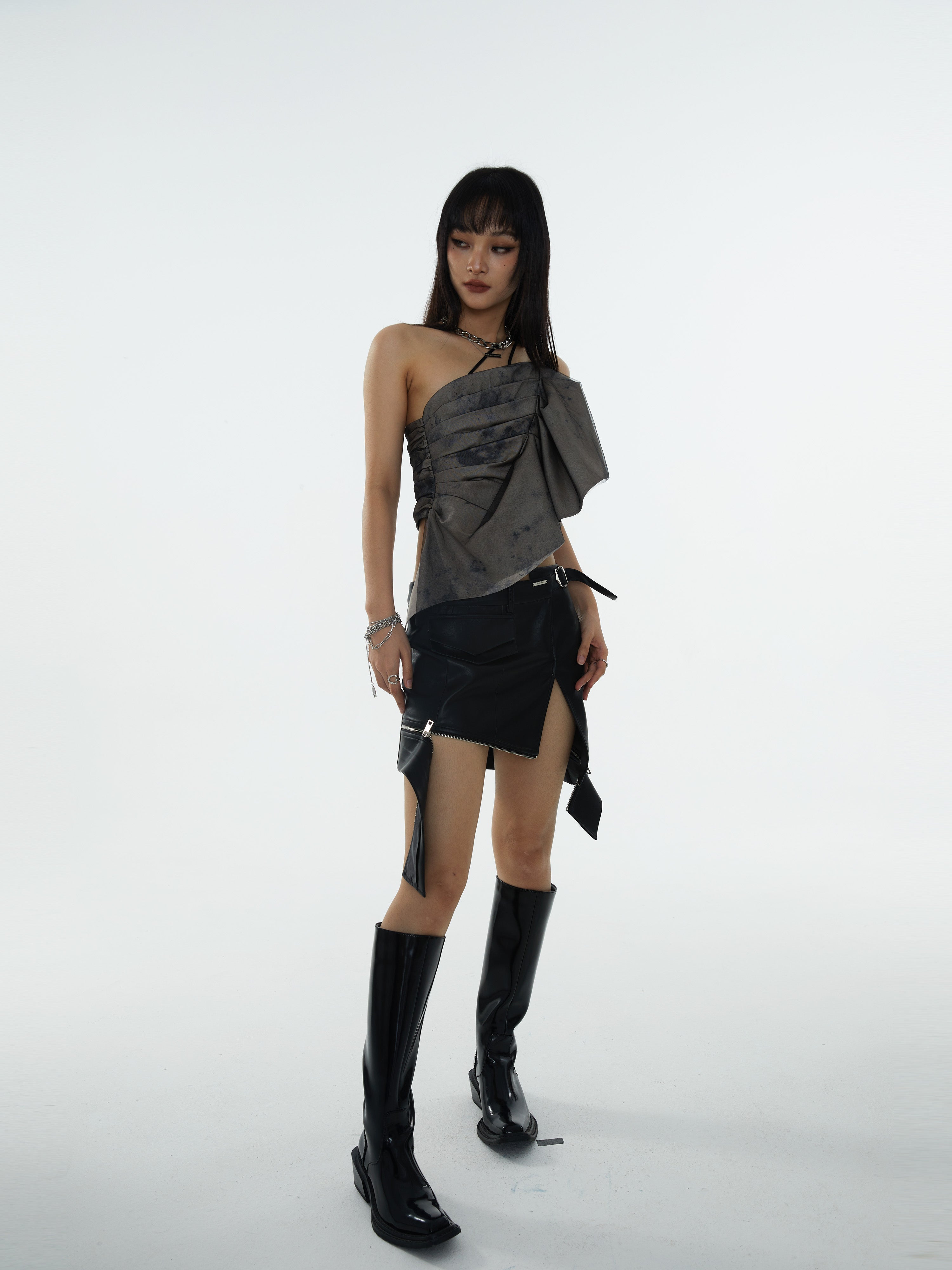 Pleated Shoulder Strap Asymmetry Camisole