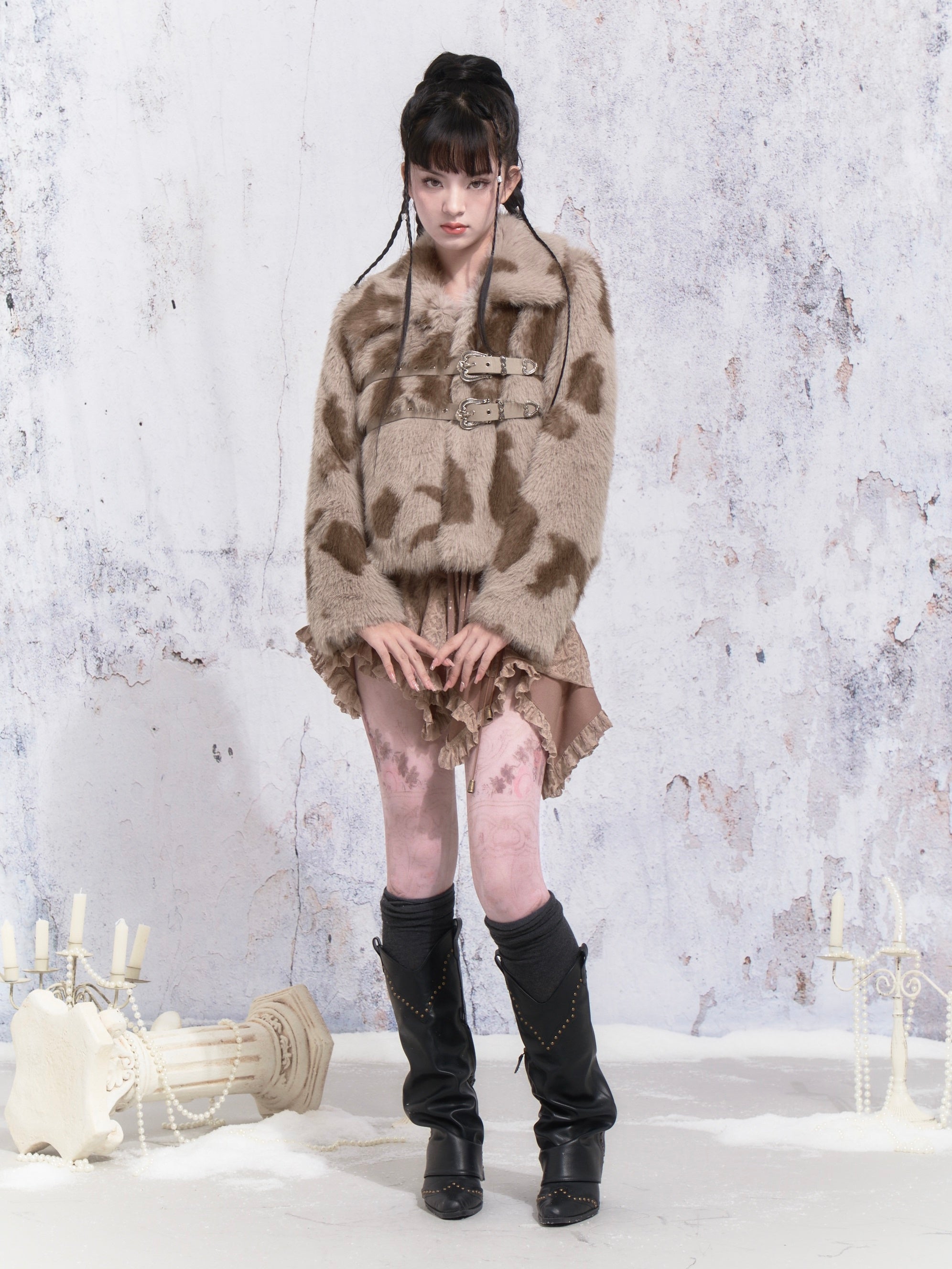 Cow Pattern Leather Buckle Fur Short Coat