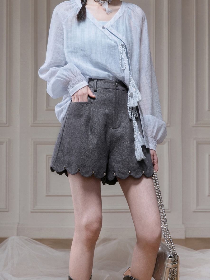 Frill Hem Cut Imitation Denim Short Pants