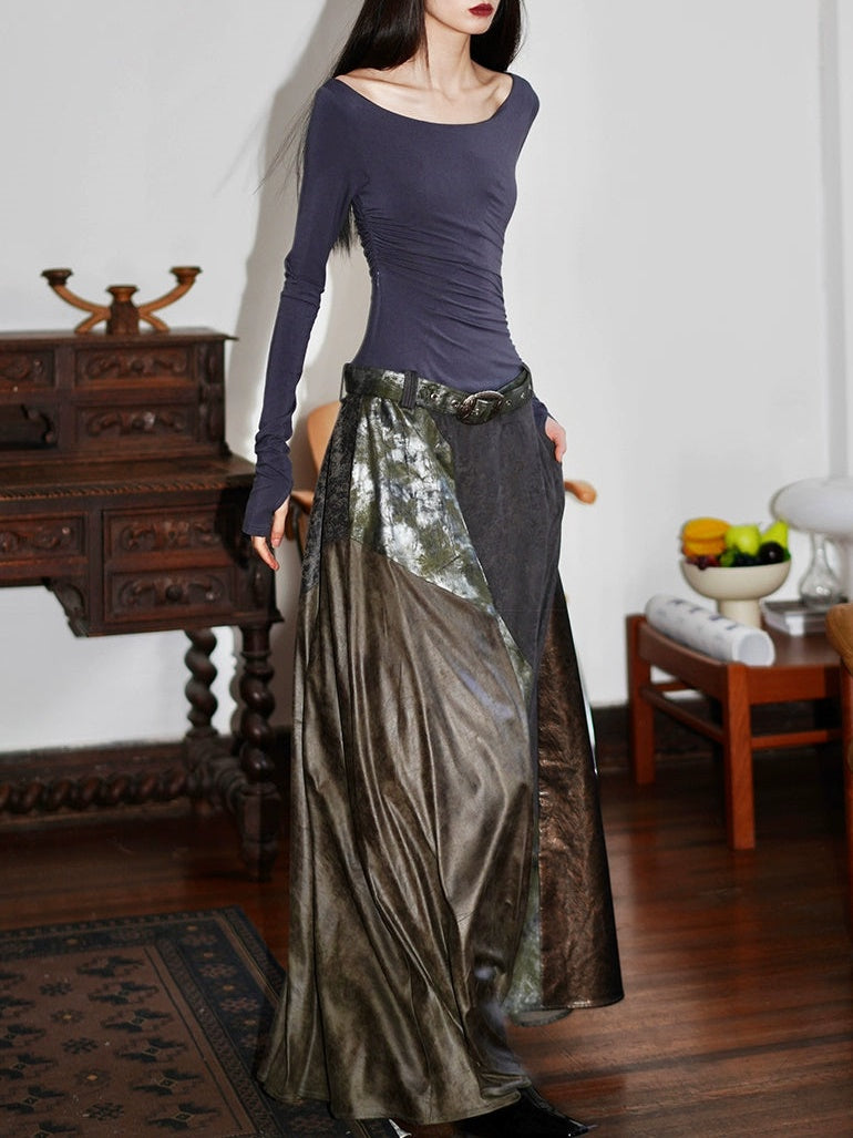 Switching Design Leather Stitch Long Dress With Belt