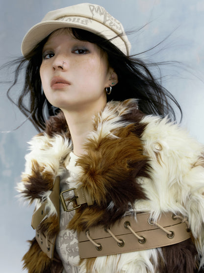 Color-blocked Strap Design Short Fur Coat