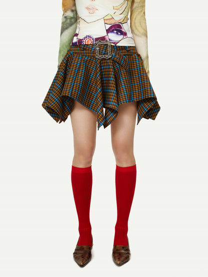 Contrast Plaid Wide Waist Design Irregular Hem Short Skirt