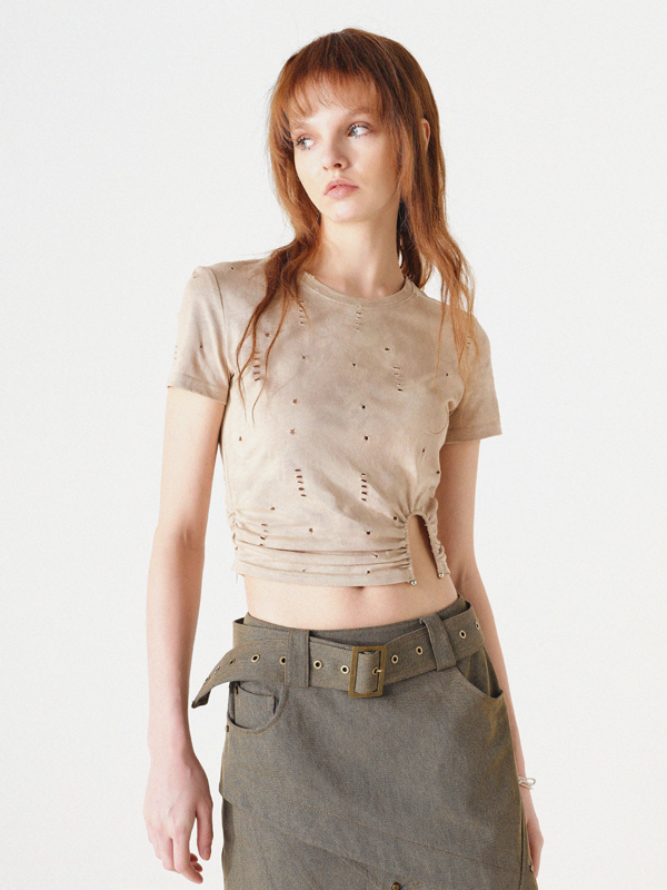 Cropped Slim Design T-shirt ＆ Cut-out All-in-one