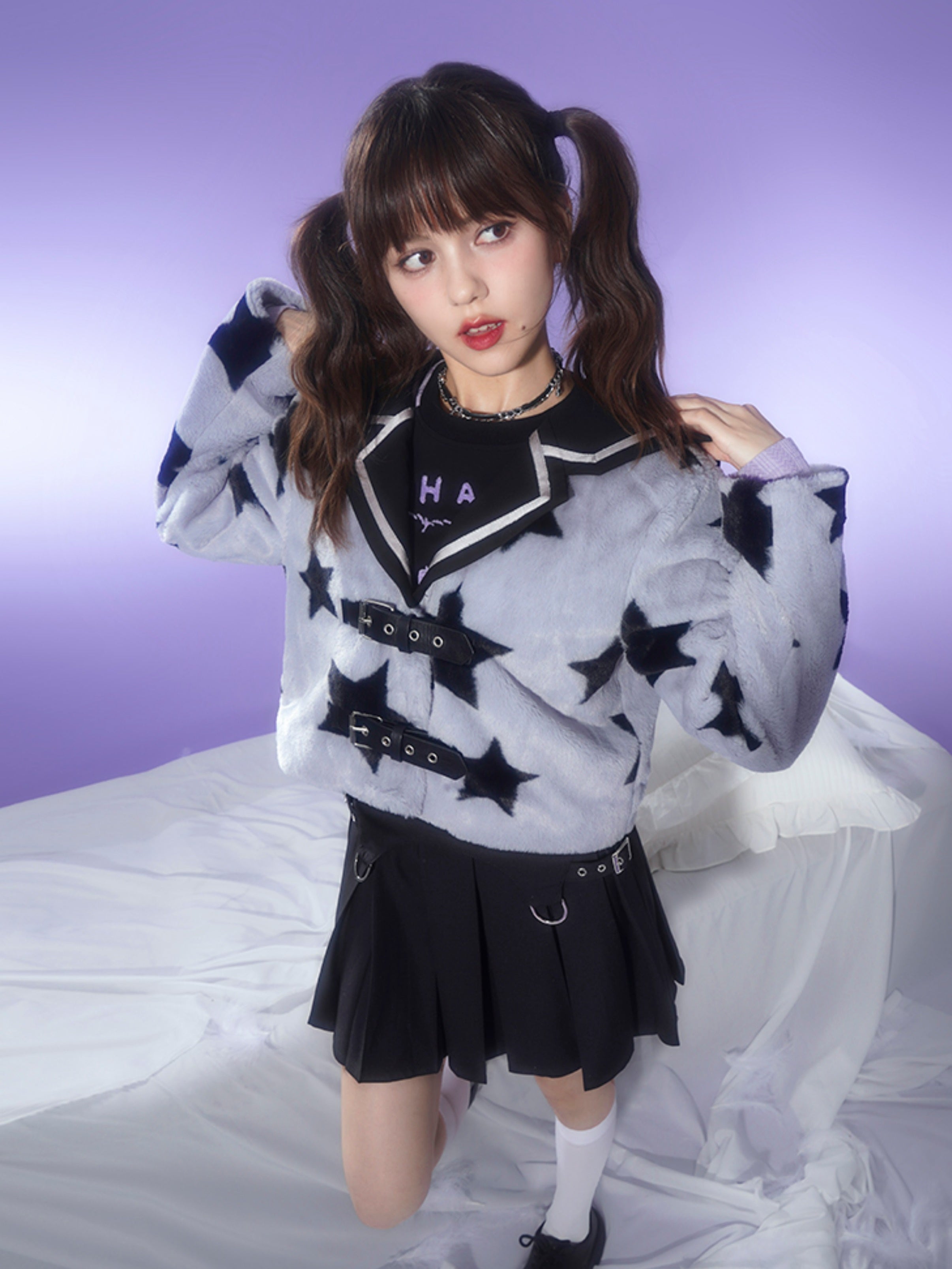 Star Sailor Collar Imitation Rabbit Fur Short Jacket