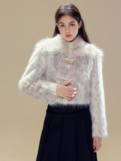 Long Hair Horn Button Friendly Fur Jacket &amp; Box Pleated Skirt