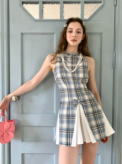 Sleeveless Check Patchwork Pleated Dress