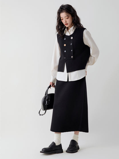 Irregular Design Vest ＆ Skirt ＆ Half-High Neck Shirt