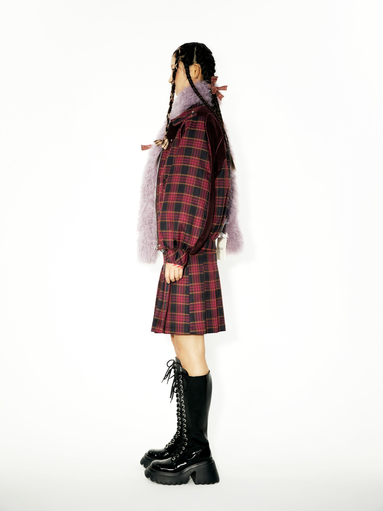 Plaid Stitching Strip Design Short Padded Jacket &amp; Pleated Skirt