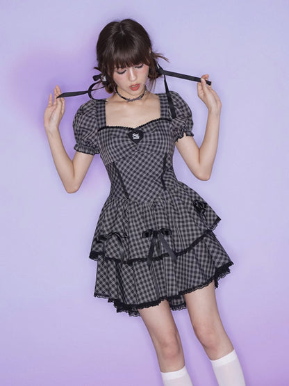 Back Hollow Check Ribbon One-piece