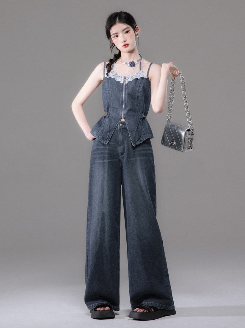 Double Strap Lace Stitch Denim Camisole ＆ Wide-Leg Jeans Set-up