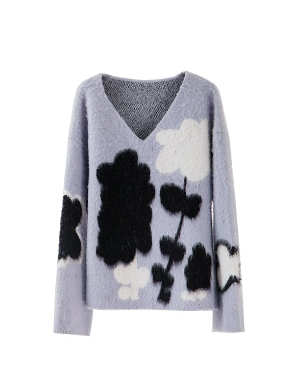 Painting Flowers Lazy V-neck Pullover Sweater