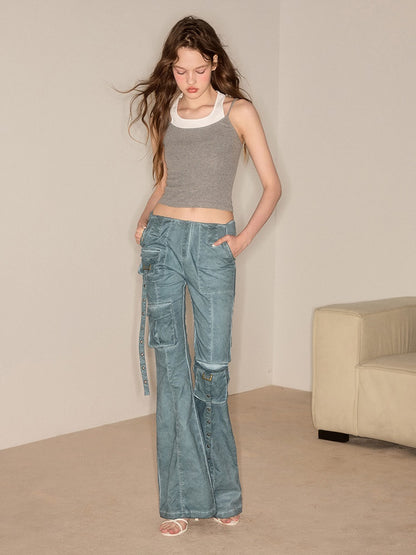 Slender Washed Retro Design Flare Pants