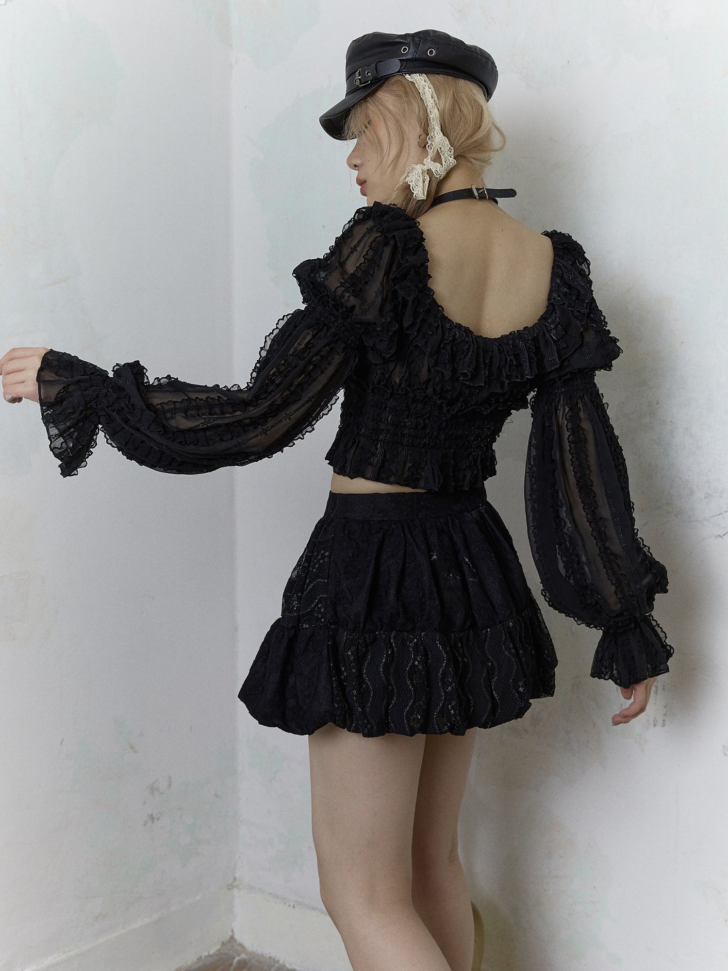 Fairy Three-dimensional Lace Puff Sleeve Short Top &amp; Long Sleeve