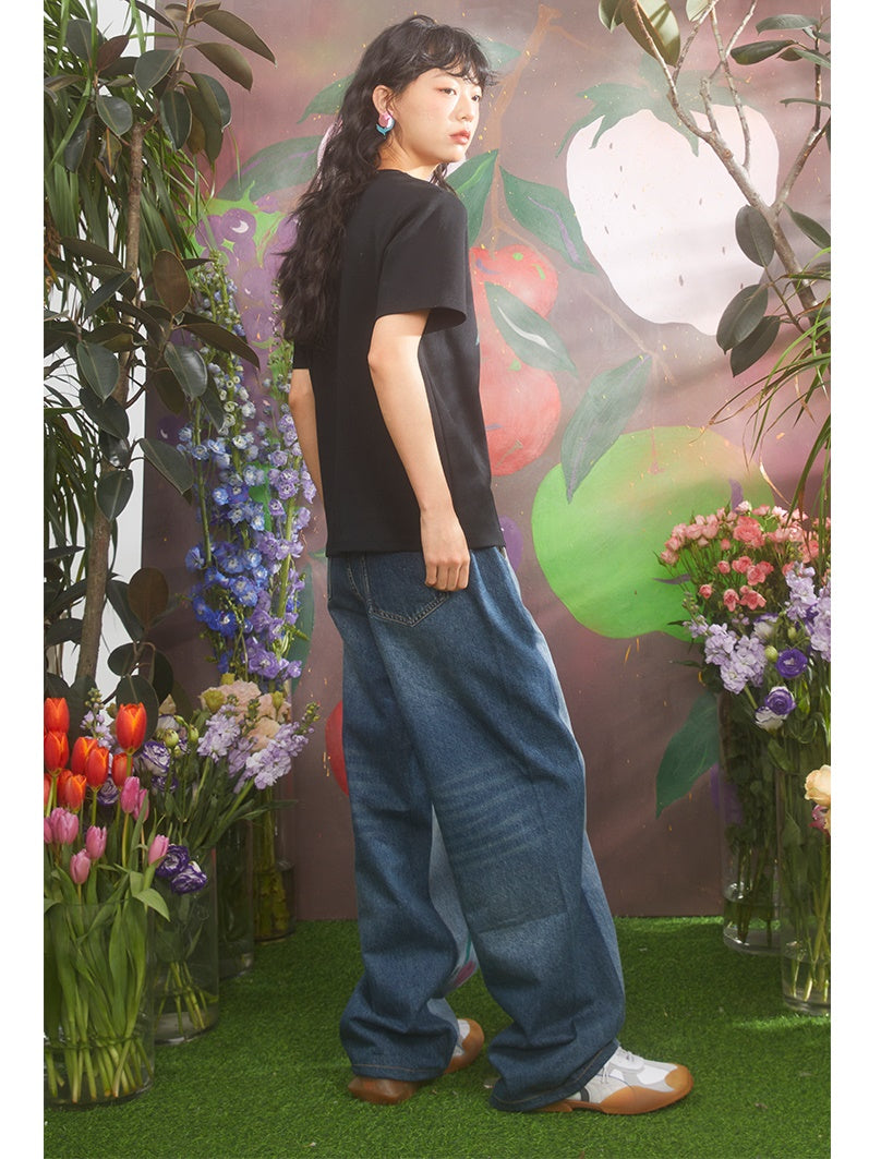 Pantalon de denim de couture à contraste à imprimé cerisier