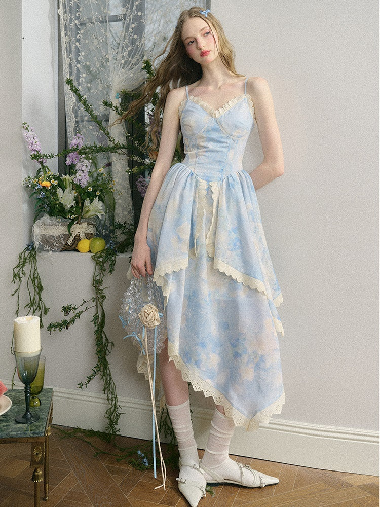 Oil Painting Floral French Suspender Dress