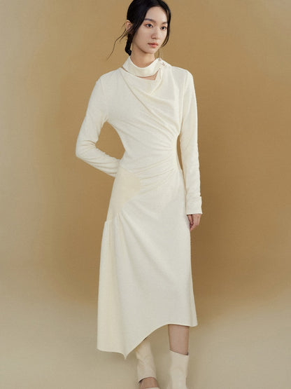 Gathered Spliced Swing Collar Dress