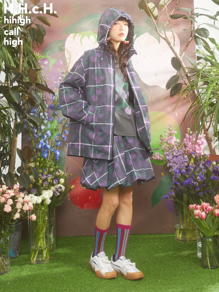 Gradient Cherry Plaid Printed Hooded Windbreaker Jacket &amp; Flower Bud Skirt