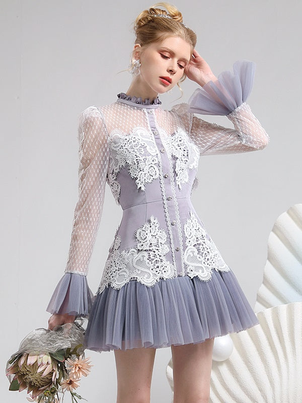 Tulle Lace She-Through Flower Dot Flare-Sleeve Elegant ein Stück