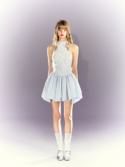 Check Pearl Bow American Sleeve Bud Dress