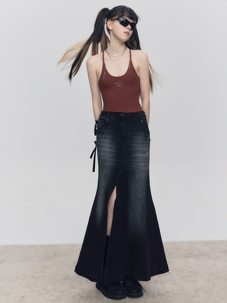 Gradient Mermaid Slit Denim Skirt