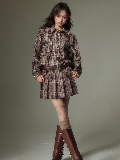 Plaid Loose Long Sleeve Shirt ＆ Pleated Skirt