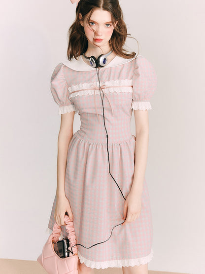 Plaid Doll Collar Lace Stitch One-piece