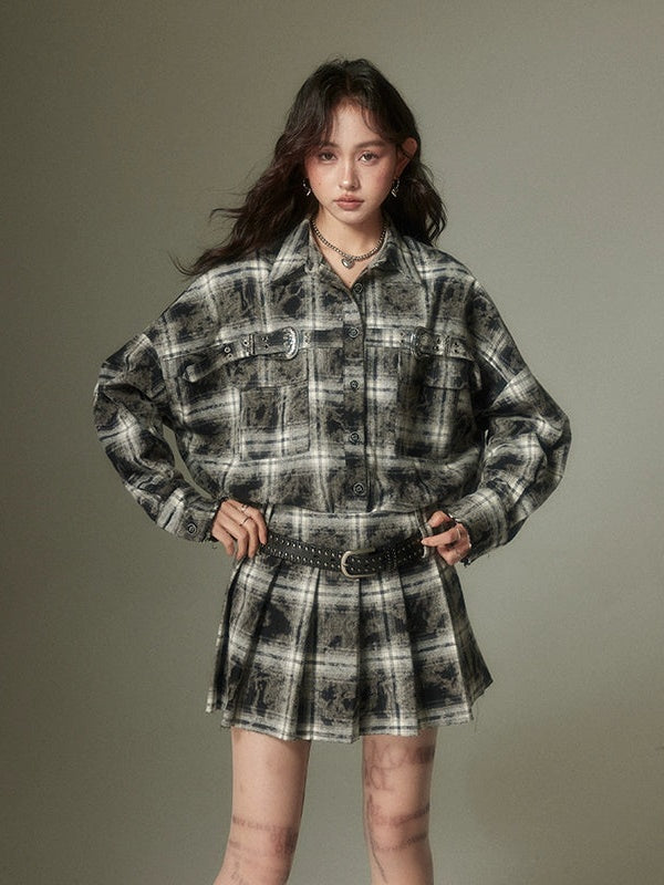 Checkered Pleats Long Shirt Dress