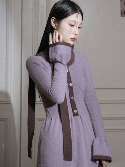 U-neck Diamond Check Knitted Dress