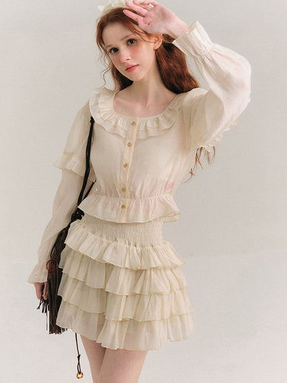 Shimmer Ruffle Collar Shirt &amp; Cake Skirt