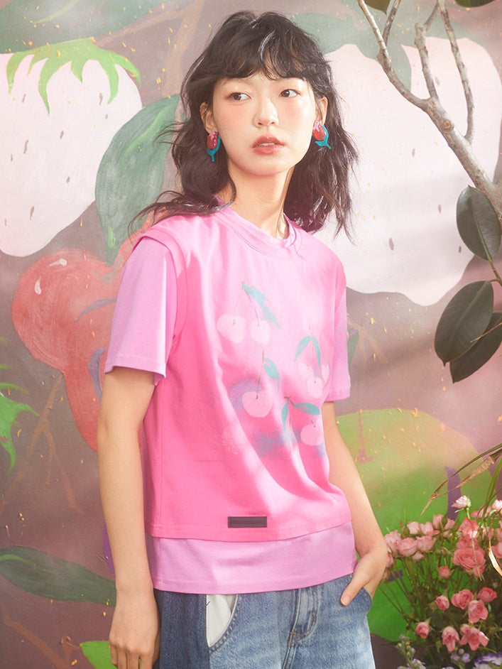 Gradient Cherry Print Fake Two-piece T-shirt