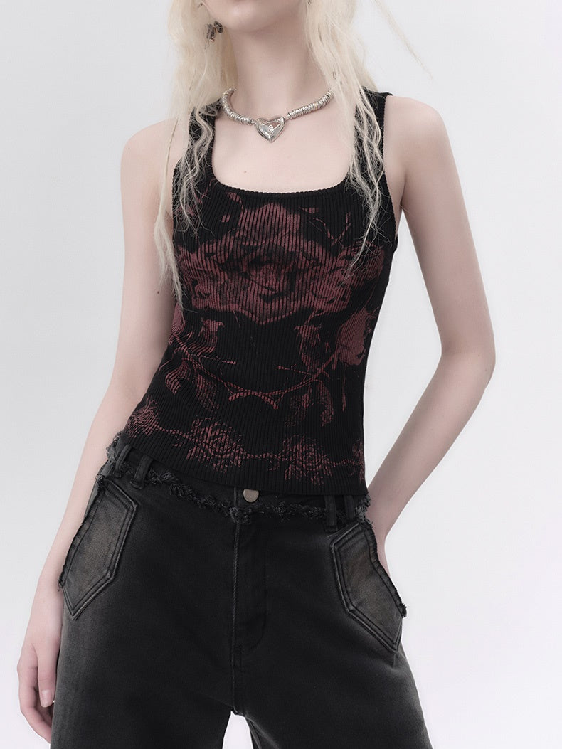 Rose Print Knitted Tank Top