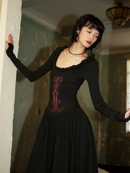 U-Neck Embroidery Waist Switching Long Dress